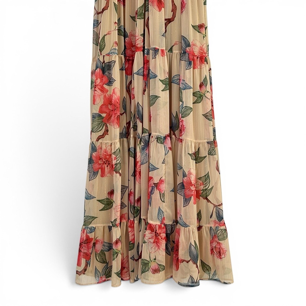 Ieena for Mac Duggal Women's 16 Beige Multicolor Floral Chiffon Maxi Tier Dress - Picture 4 of 16